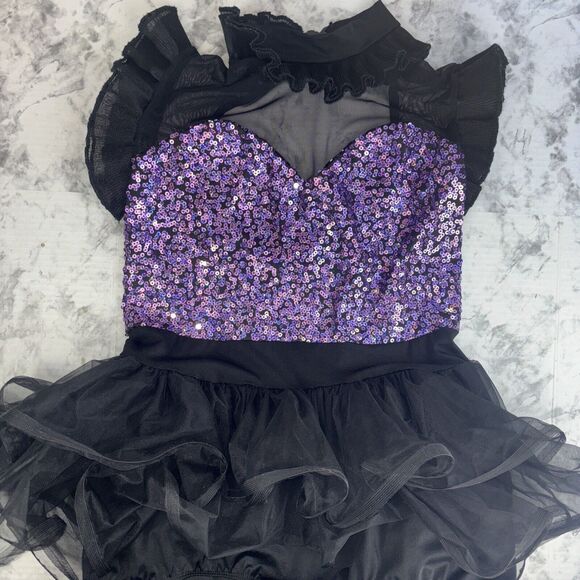 Art Stone Valerie Purple Black Sequin Dance Romper with Skirt Size LA Large - Picture 3 of 16